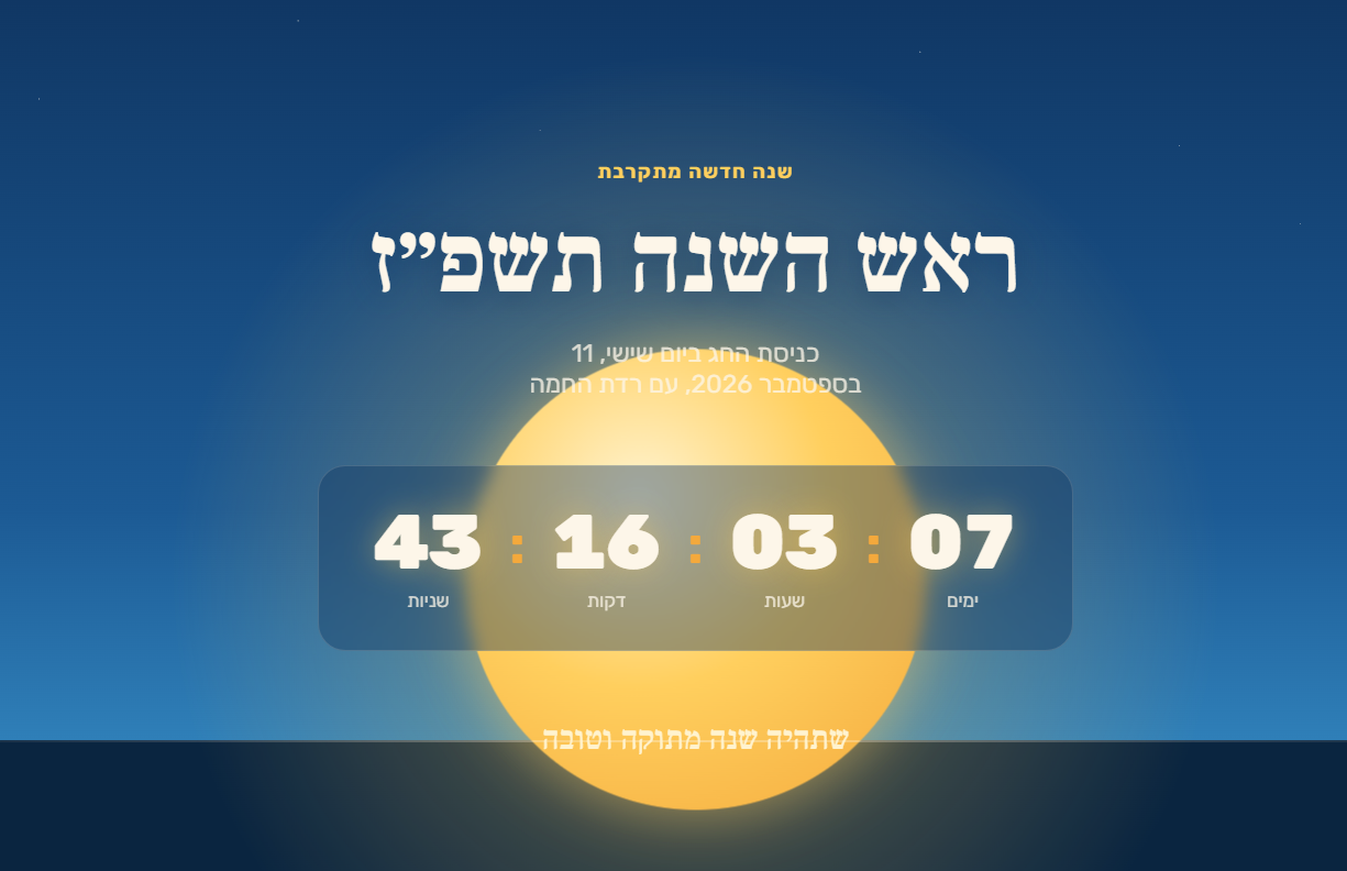 צילום מסך של דף ספירה לאחור לראש השנה עם טיימר ימים, שעות, דקות ושניות